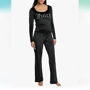Black Juicy Couture Women's 2 Piece Velvet Fleece Long Sleeve Top & Bottom